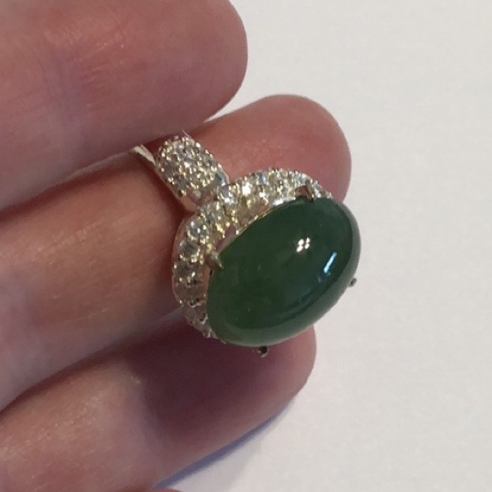 Estate Silver Plated Jade Ring With CZ’s
